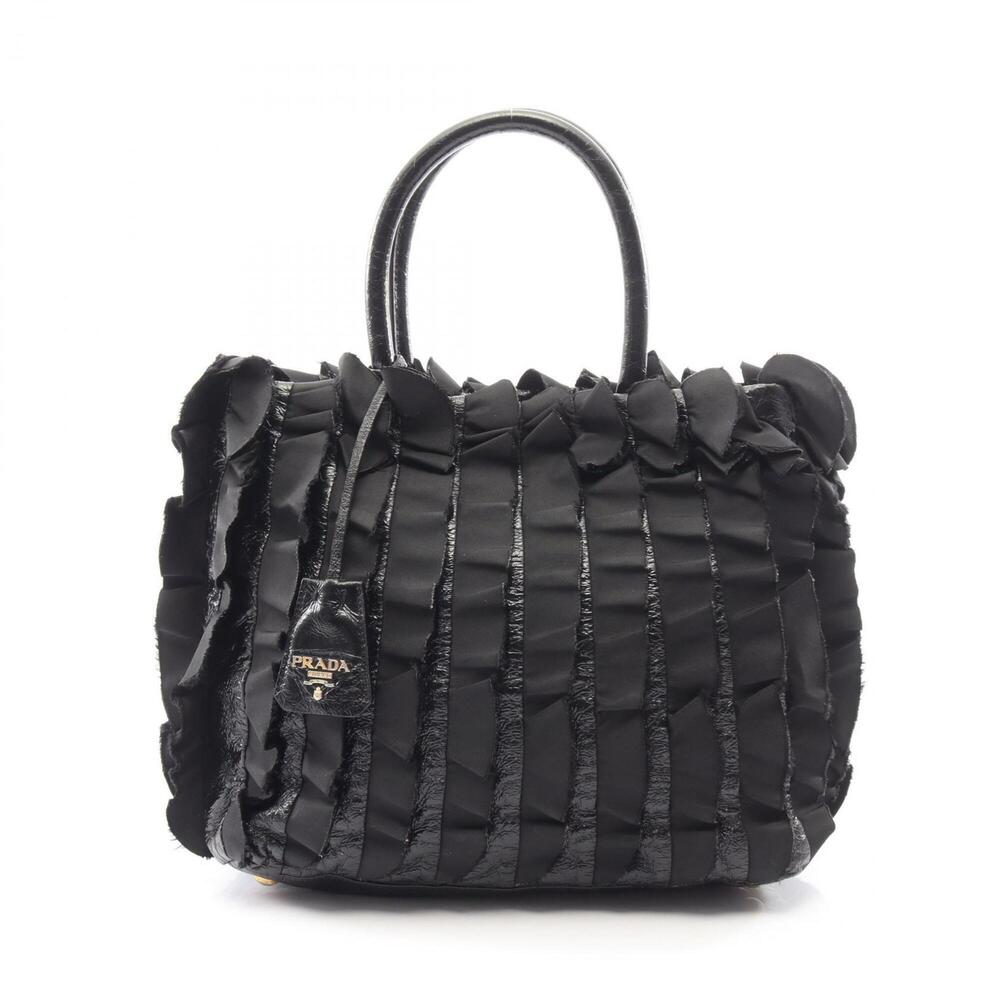 Prada PRADA Frill Handbag, Nylon and Patent Leather, Women's, Black (BN1728)